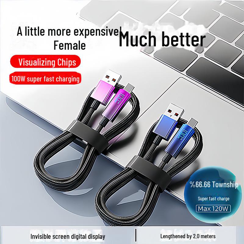 Кабель сверхбыстрой зарядки мощностью 120 Вт с разъемом TypeC, светодиодным экраном, отображением заряда в реальном времени — полная совместимость и поддержка цифрового дисплея.