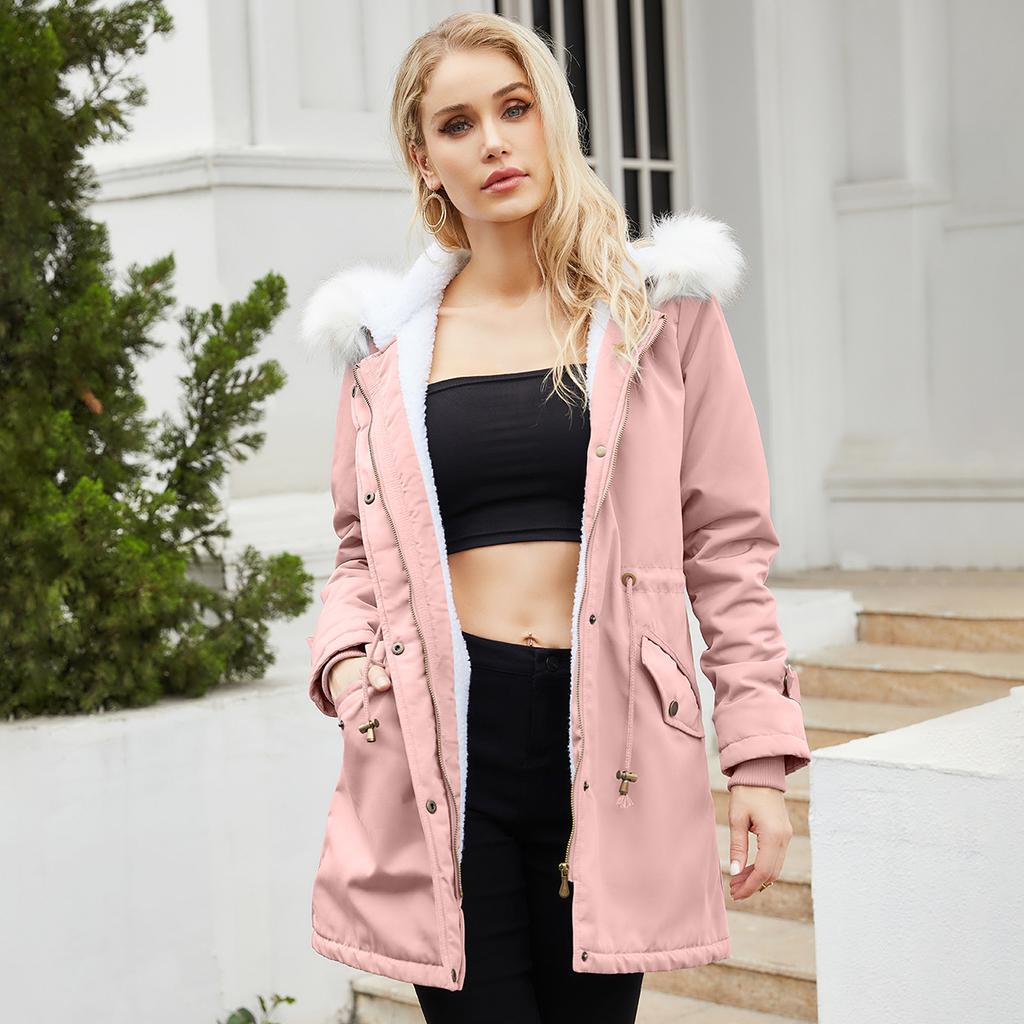 Jackets for Women Fleece Autumn and Winter Removable Hair Collar Women's Pie Over Long-sleeved Hooded Cotton Coat Velvet Coat Cotton Clothing Women