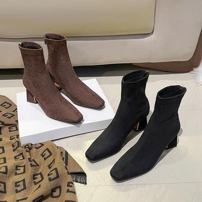 BEIJIANI 7188-1 Женские кашемировые ботильоны на толстом каблуке с задней молнией и квадратным носком.