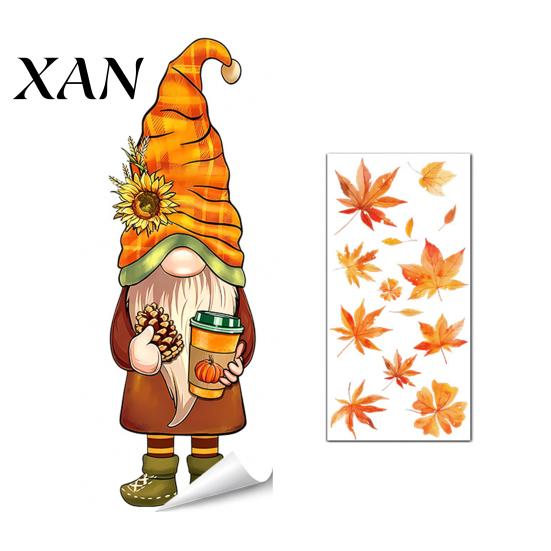 Indoor Outdoor Autumn Decor Ghost/Gnome Static Glass Sticker, PVC Waterproof Maple Leaves Window Theme Film Decal, Removable Cling for Fall
