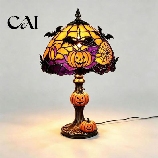 Unique Bat Wing Lamp Halloween Pumpkin Table Lamp, Stained Glass Reading Light, Gothic Cozy Nightstand Light for Bedroom Bookshelf, Seasonal