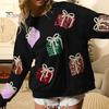 Women Christmas Sweatshirt Sequin Gift Box Pattern Colorful Round Neck Long Sleeve Loose Mid Length Pullover Party Holiday Top