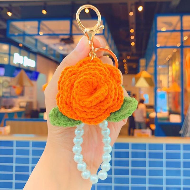 Crocheted Rose Pendants Chains Wrist Strap Lanyard Anti-lost For Mobile Phone Bags Keys Decorative Gift Accessories