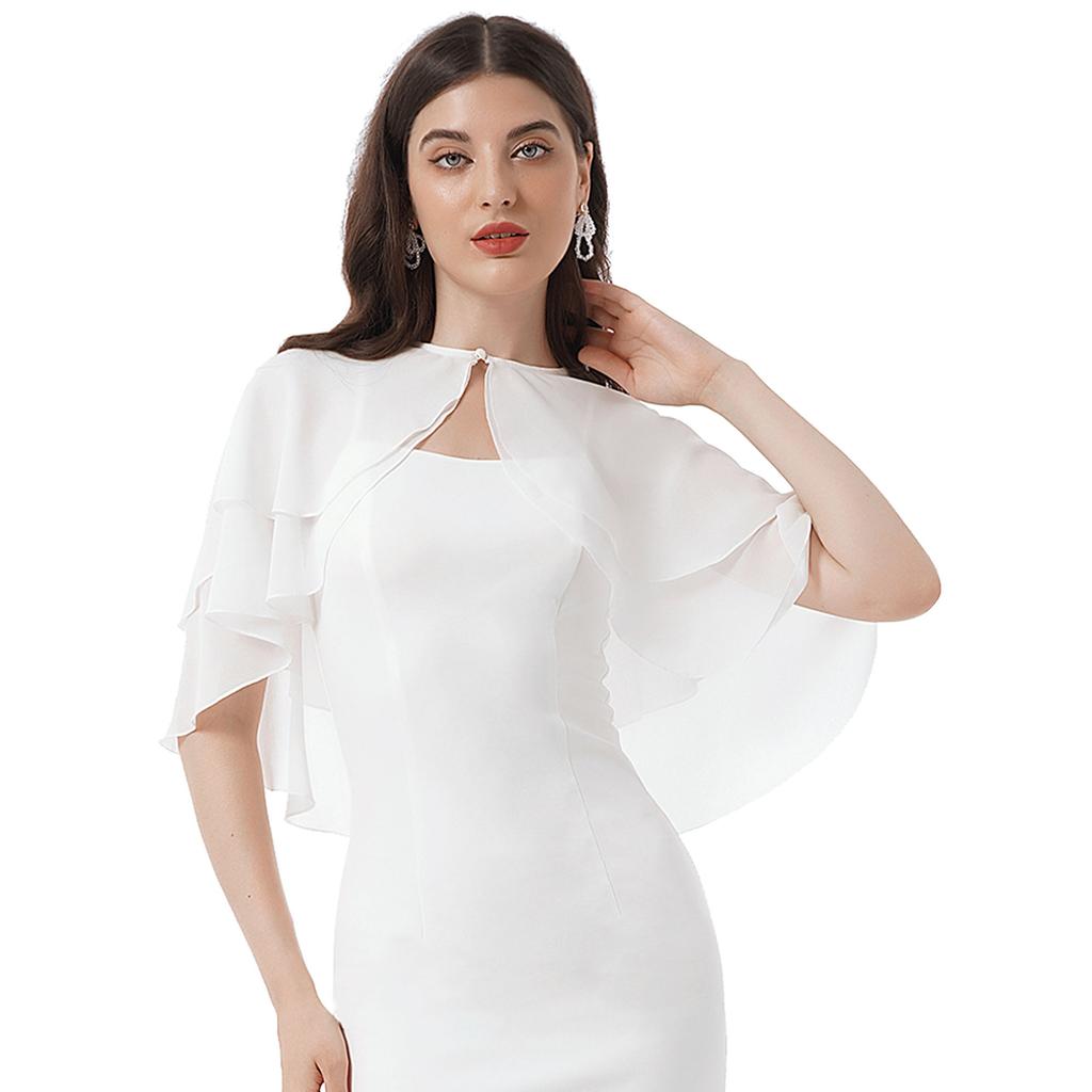 Women Elegant Pure Color Chiffon Shawl Cape Ruffle 2-Layer Chiffon Wraps Bolero Dress Accessory for Party Wedding