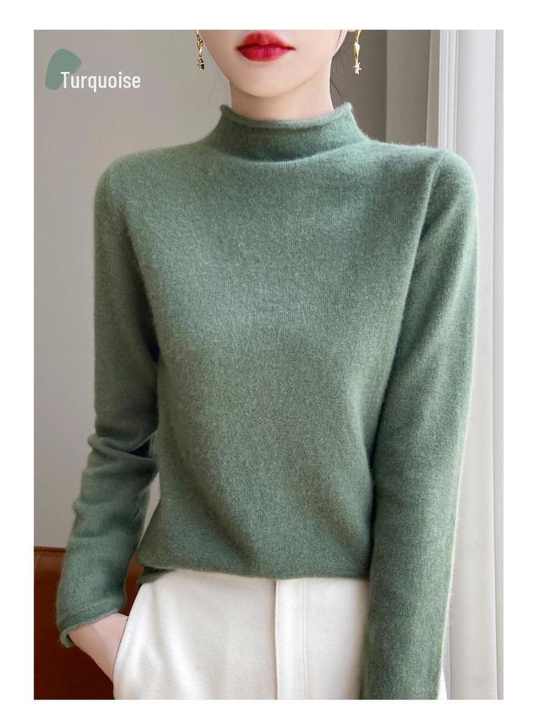 Женский свитер с полуворотом из мериносовой шерсти - 100% чистая шерсть, закрученный край, осенне-зимний трикотажный пуловер