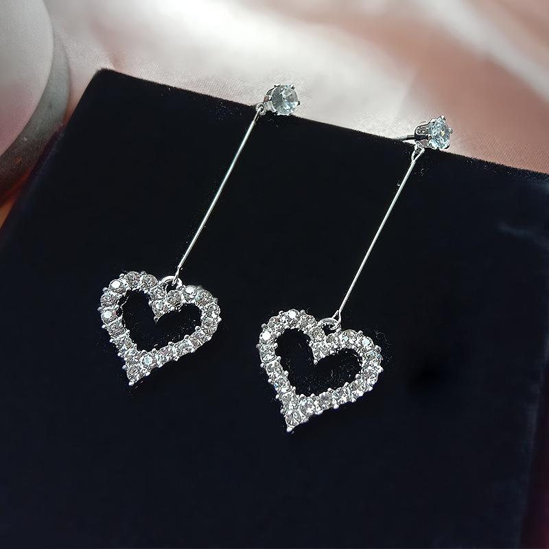 Exquisite Korean Simplicity Jewelry Gift Women's Fashion Temperament Crystal Long Tassel Heart Earrings