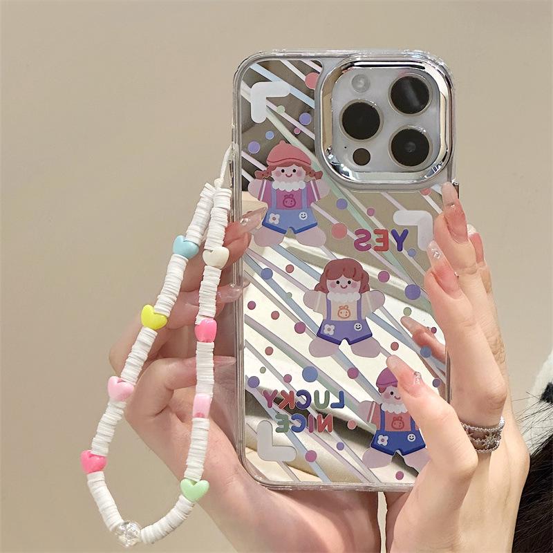 Силиконовый чехол Zhitai Cartoon для iPhone 15 Pro/14/13 Pro: Три в одном: зеркало и браслет