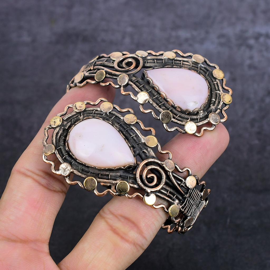 Браслет-манжета из натурального розового опала ручной работы из медной проволоки, регулируемый o8Z16