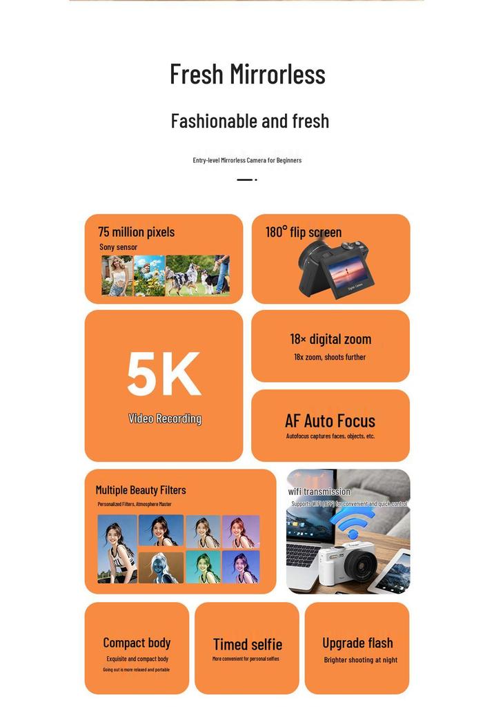 5K HD Flip Screen Camera WD08 with WiFi, Autofocus, Beauty Filters, Retro Mirrorless Design.