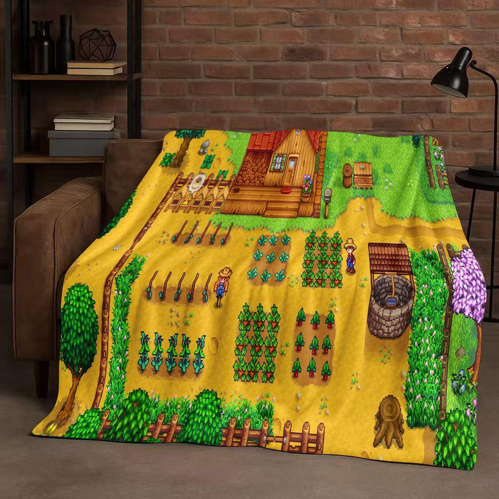 Retro Stardew Valley Farm Map Pixel Game Flannel Blanket,Ultra Soft Warm Plush Throw for Home Bedroom Bed Sofa Cover Kids Gift