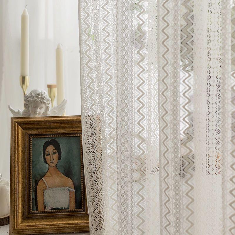 Retro Romantic White Lace Embroidered Mesh Knitted Chiffon Curtain - Top Pole Through Living Room Decoration Partition Curtain, Bedroom Window