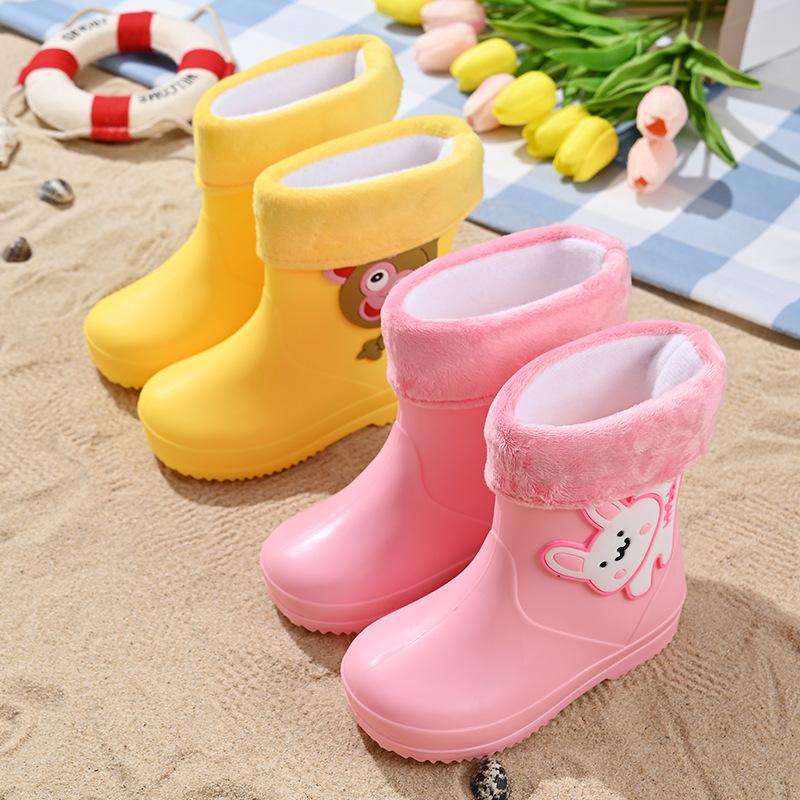 Children's rain boots cute cartoon boys and girls kindergarten waterproof baby rubber shoes non-slip rain shoes fleece warm water shoes