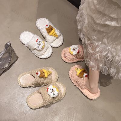 Модные милые мультяшные шлепанцы с одним словом женские осенне-зимние теплые нескользящие повседневные плюшевые туфли легкие удобные домашние тапочки для помещений