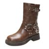 Classic Chunky Women'S Mid-Calf Motorcycle Boots Street Punk Style Woman Autumn Winter Brown Leather Short Boots Botas Mujer