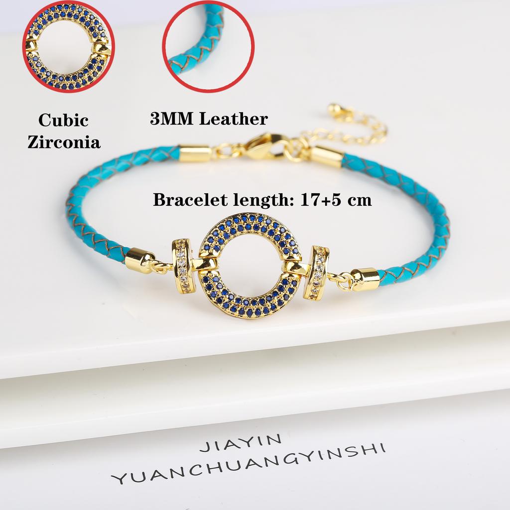 Trendy Colored Round Zirconia Accessory Leather Braided Adjustable Bracelet High Quality Party Holiday Jewelry Gift For Women