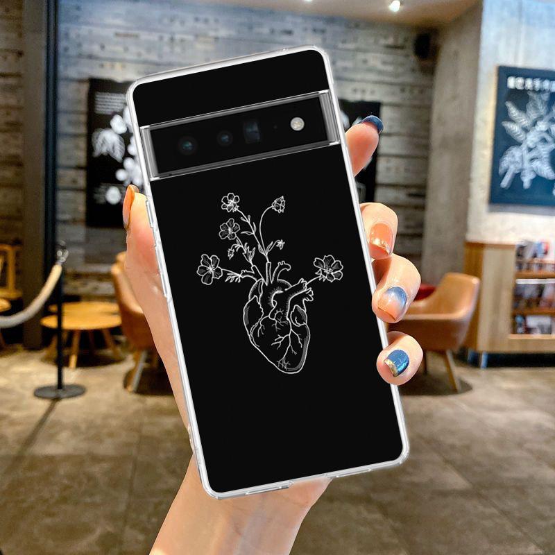 Черный чехол-накладка с цветочным принтом для Google Pixel 9 8 7 6 5 4 XL, противоударный силиконовый, 7A 6A 5A 4A 3A XL Pro 5G, прозрачный корпус, сумка