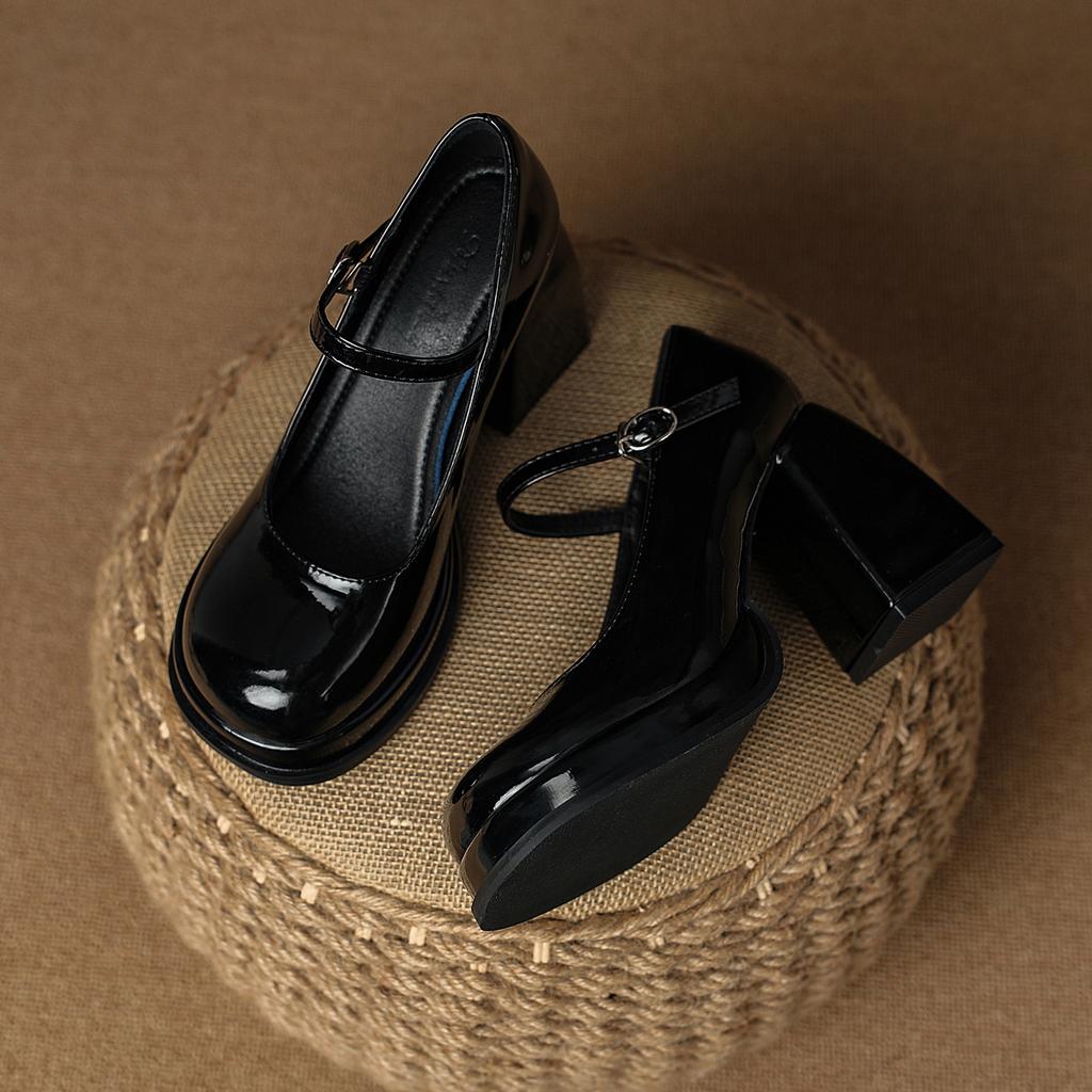2025 новые весенне-осенние черные туфли Мэри Джейн из маленькой кожи, водонепроницаемые, с ремешком-пряжкой, на высоком каблуке, женские туфли на толстом каблуке