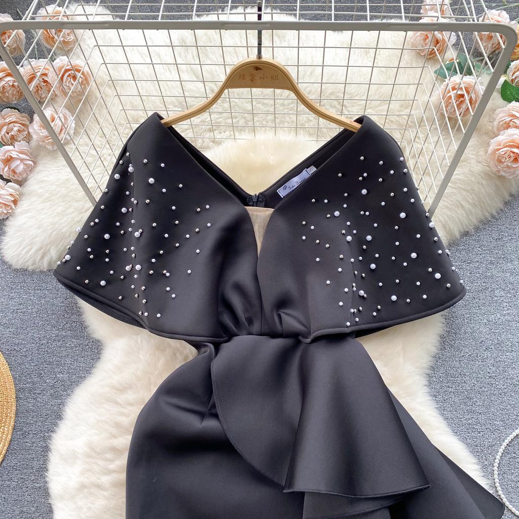 Роскошные элегантные дизайнерские платья с V-образным вырезом, вечернее платье с пайетками, женское облегающее платье Y2k до середины голени, отделка бисером