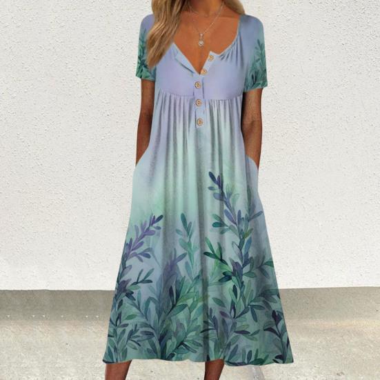 Женское летнее платье с принтом листьев, длиной до середины икры, с v-образным вырезом и карманами, плиссированное, повседневная одежда, с короткими рукавами, свободный подол, женское пляжное платье, женская одежда