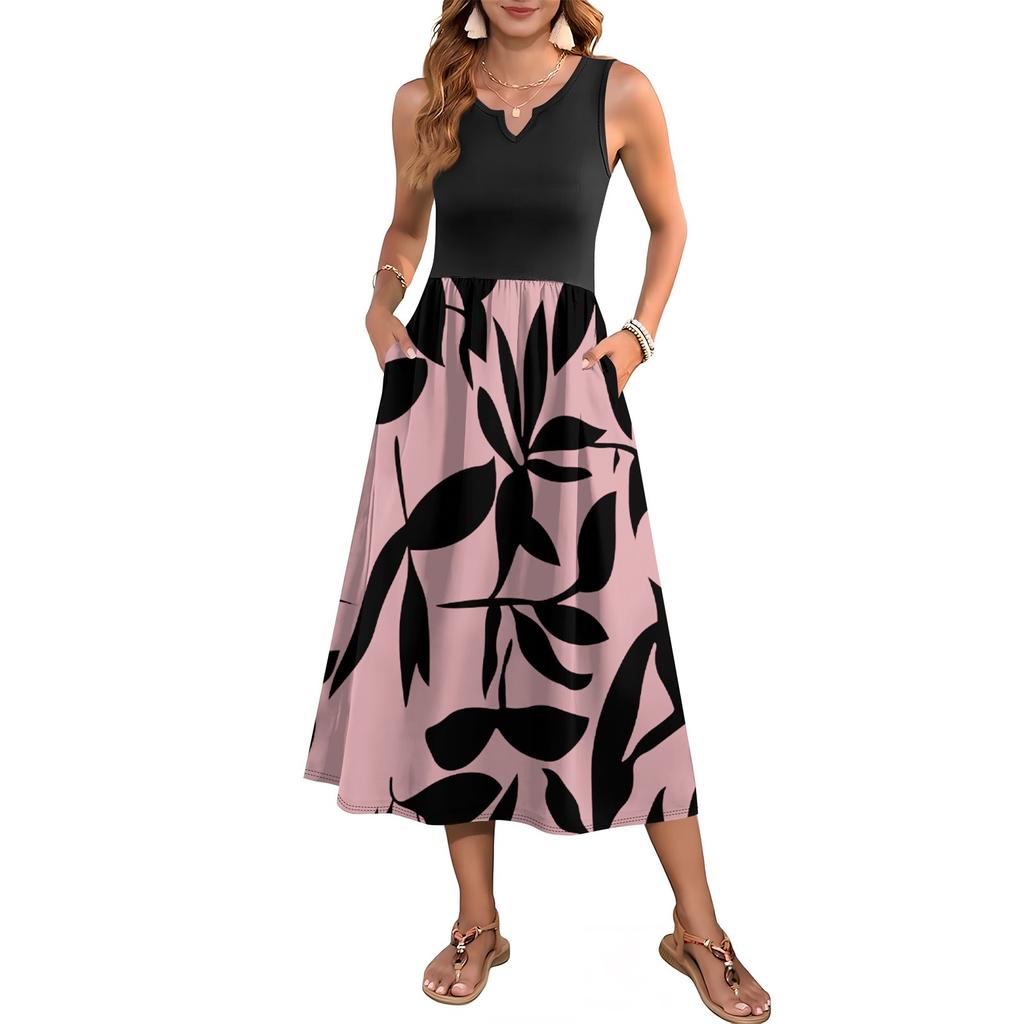 Женское платье без рукавов с цветочным принтом и высокой талией, модное и элегантное