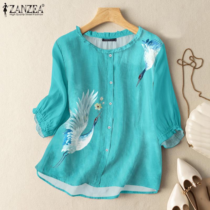 ZANZEA Women Casual O-neck Printing 3/4 Sleeve Blouse
