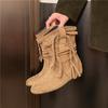 Ретро стиль квадратный носок замшевые с бахромой ремешок толстый каблук полусапожки женские осень 2025 новый рукав универсальные сапоги с бахромой