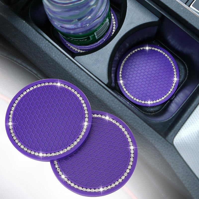 2 Pack Bling Cup Holder Ert Coasters, 2.75 Inch Soft Crystal Rhinestone Rubber Pad Set Round Auto Drink Coaster Car Interior Accessories (Pink)