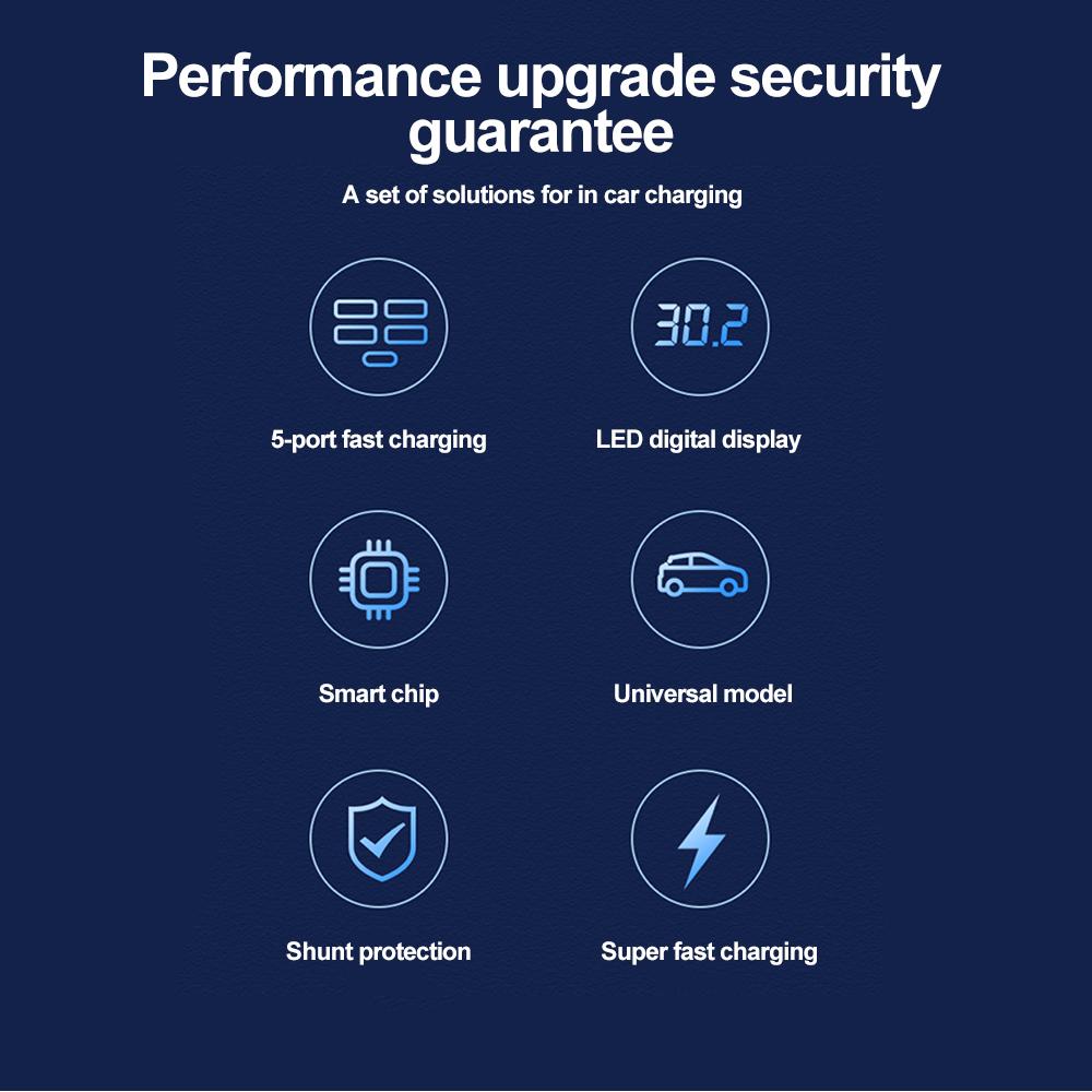 Автомобильное зарядное устройство на 5 портов со светодиодным дисплеем, быстрая зарядка QC3.0, порты USB PD 3.1A, универсальный автомобильный адаптер с контролем температуры