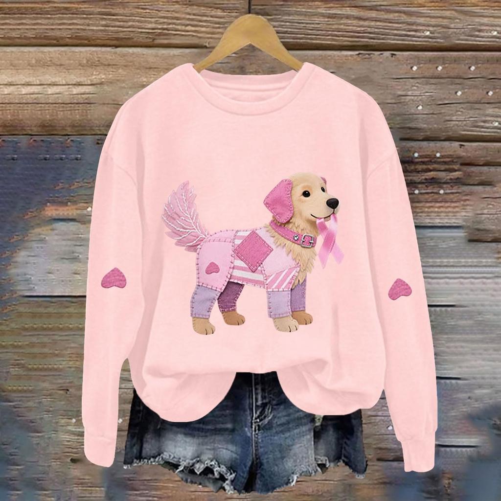 Breast  Sweatshirts For WomenRibbon Breast  Shirt Cute Dog Graphic  Long Sleeve Tops