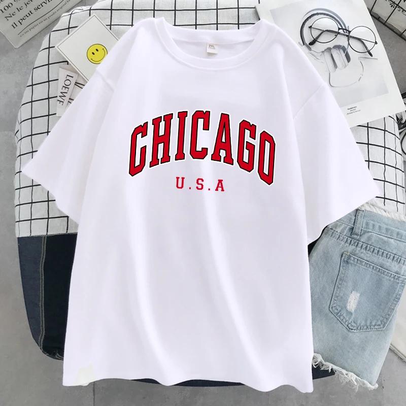 Чикаго США Город Графический принт с буквами Женская Унисекс Футболка Уличная Летняя Футболка Повседневная Оверсайз Короткий Рукав Дышащая Прохладная Футболка