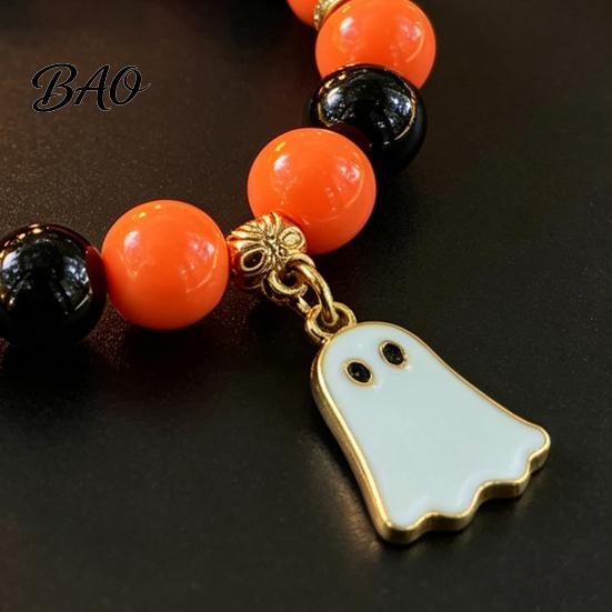 Handmade Beaded Elastic Wristbands Halloween Bracelet for Women, Orange Black Beads Stretch Stylish Holiday Accessory Girls with Ghost Charm,