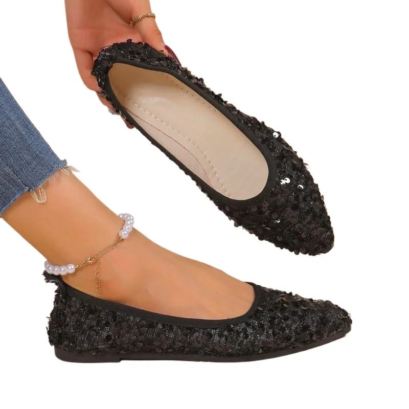 Fashion 2024 Hot Sale Women's Shoes Shallow Women's Flats Fashion Sequins Casual Flat Shoes Sexy Pointed Toe Plus Size Flat Low Heels