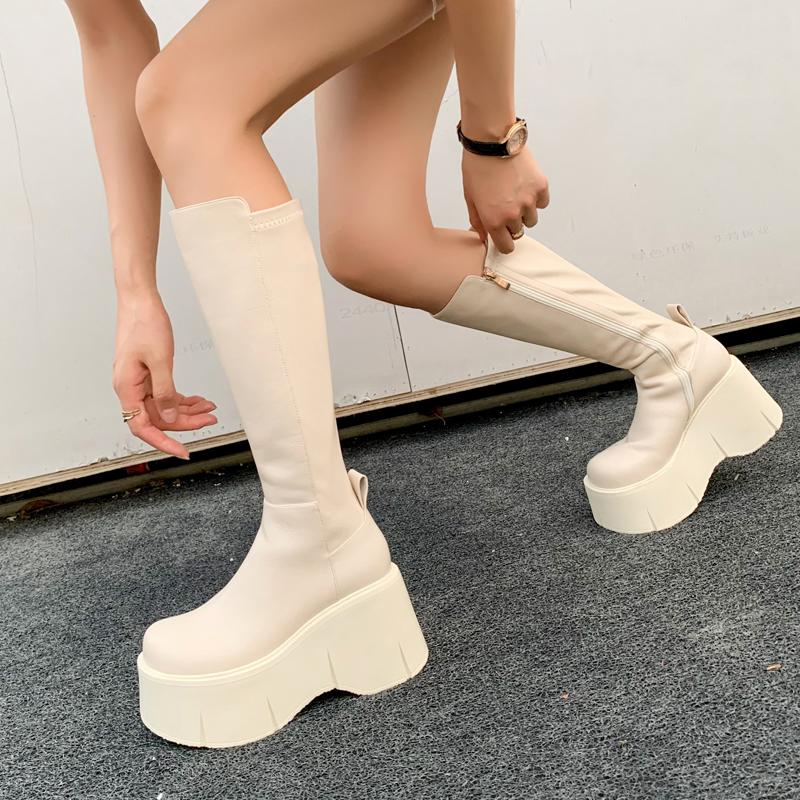 Designer Women Platform Knee High Boots Elegant Wedges Heel Shoes Concise Long Botas De Mujer