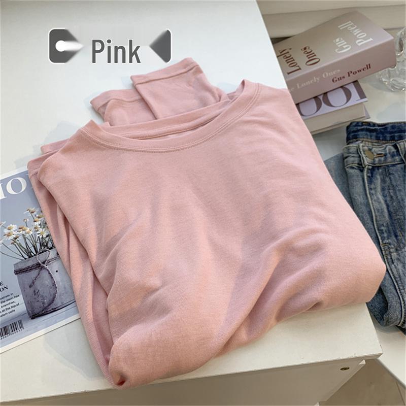 Women's Glutinous Rice Crew Neck Long Sleeve Soft T-Shirt - Spring Friendly, Solid Color, Drapey Base Layer.