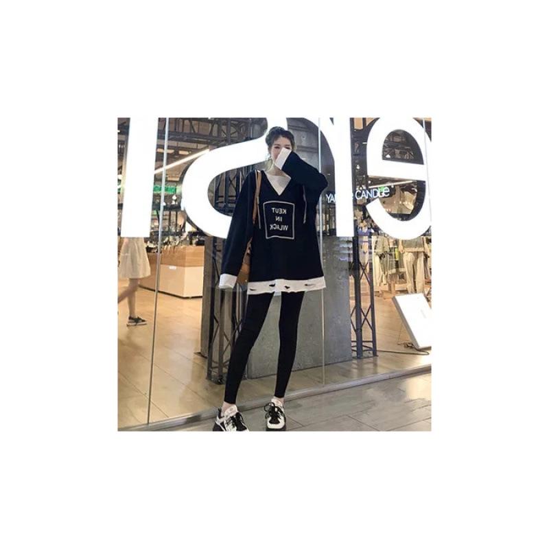 Женский осенний рваный худи с капюшоном и утягивающие леггинсы, комплект из двух предметов