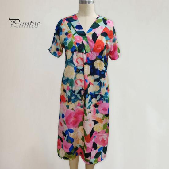 Женское платье с цветочным принтом, платье с коротким рукавом и v-образным вырезом, летнее повседневное платье трапециевидной формы, пуловеры в богемном стиле, платье для вечеринки, повседневная одежда, отпуск