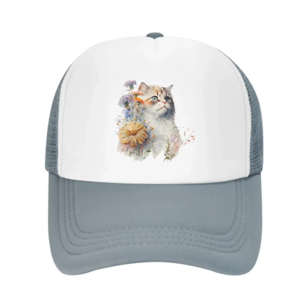 Floral Cat Mesh Trucker Hats for Unisex Women Adjustable Casual Fashion Baseball Caps for Outdoor Activities