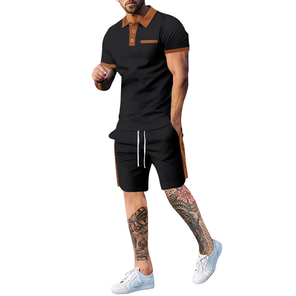 Мужские повседневные шорты с короткими рукавами и пуговицами с лацканами, комплект из двух предметов