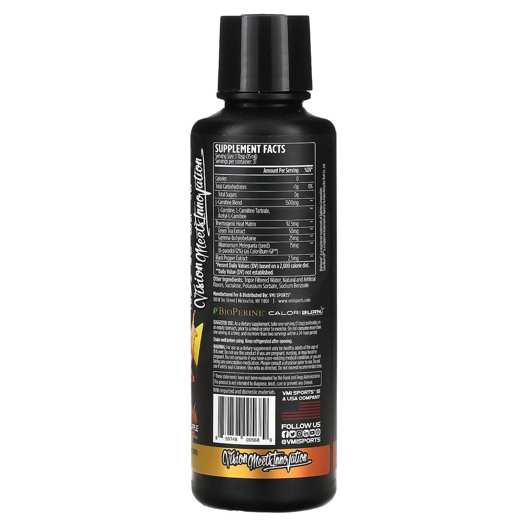 VMI Sports L-Carnitine 1500 Heat, Orange Pineapple, 16 Fl Oz (473 Ml)