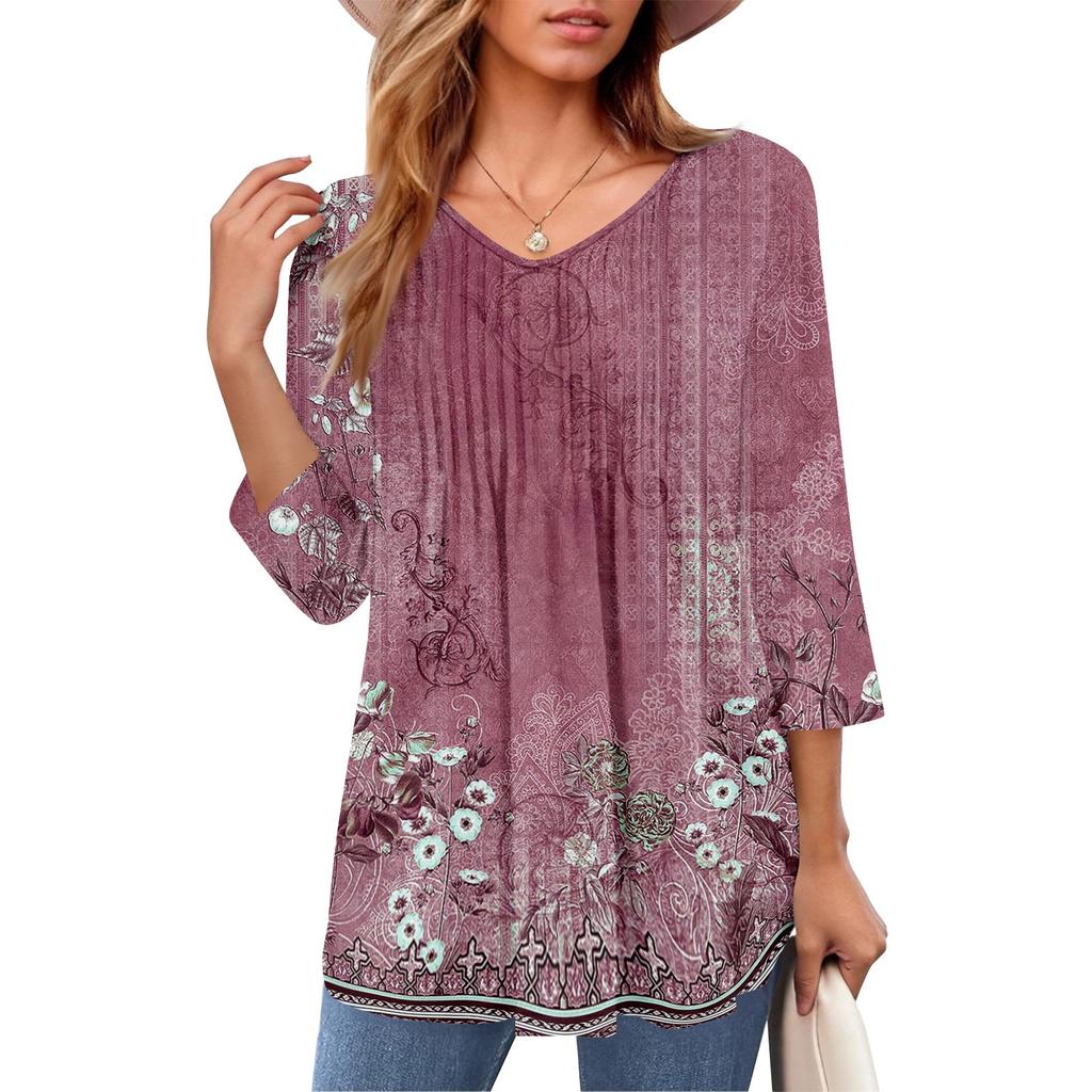 Женские топы с V-образным вырезом и рукавом три четверти в полоску, плиссированные, повседневные, летние, модные, рубашки