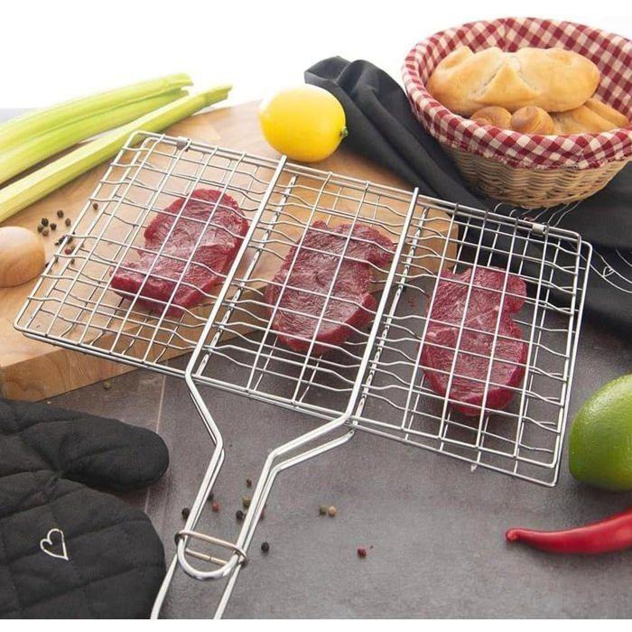 Double grille barbecue - 34 x 22 cm - Acier chromé - Manche en bois - Système de verrouillage