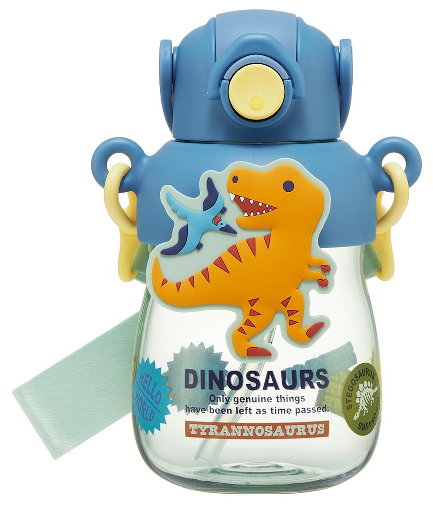 Skater Dinosaur Water Bottle with Rubber Locking and Shoulder Mascot, Straw, 650ml, One-Push Open, Function, Handle, Strap, PRMC7ST-A