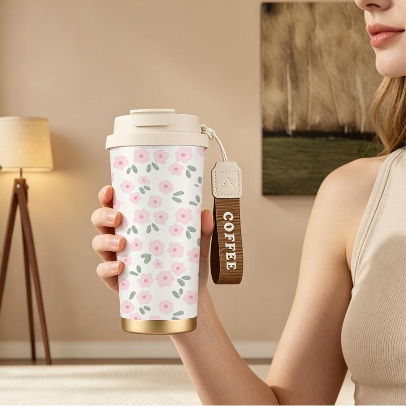 Coffee Mug 532ml Watercolor Leaf Flower Element Lanyard Insulated Cup Leakproof Hand Cup Lightweight Cup Car Cup Leakproof Coffee Cup