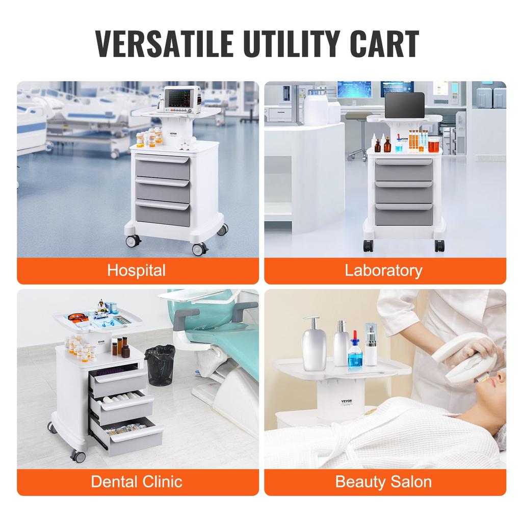 VEVOR 4 Tiers Lab Carts, Lab Utility Cart with 3 Drawers & 1 Top Tray, Mobile Medical Cart with ABS Material