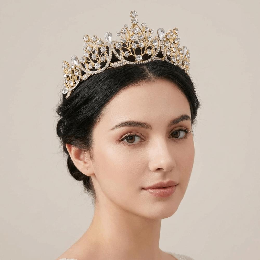 Gold Princess Tiara Shiny Rhinestone Crown Vintage Baroque Crown Women