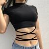Solid Color Short Umbilical Cross-strap Short-sleeved T-shirt Women's Summer All-match Tight-fitting and Thin High-waisted Top