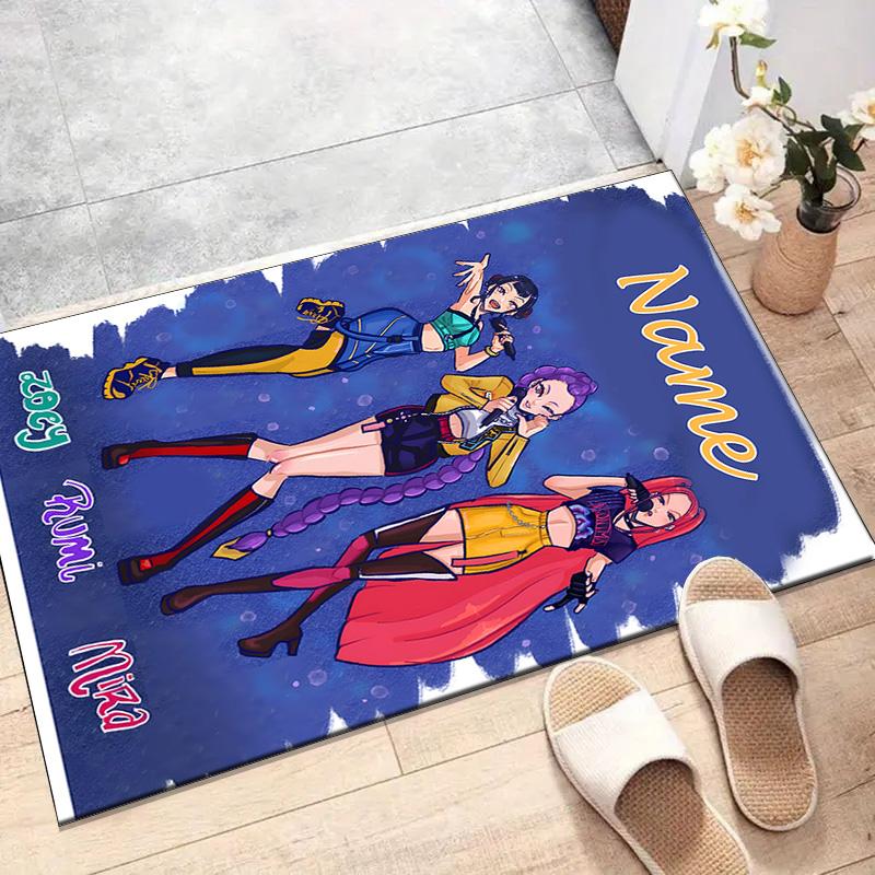 Custom KPop Demon Hunters Mat Personalized Name, Polyester Washable Indoor Entryway Rug, Gift for Christmas, Easter, Thanksgiving Day