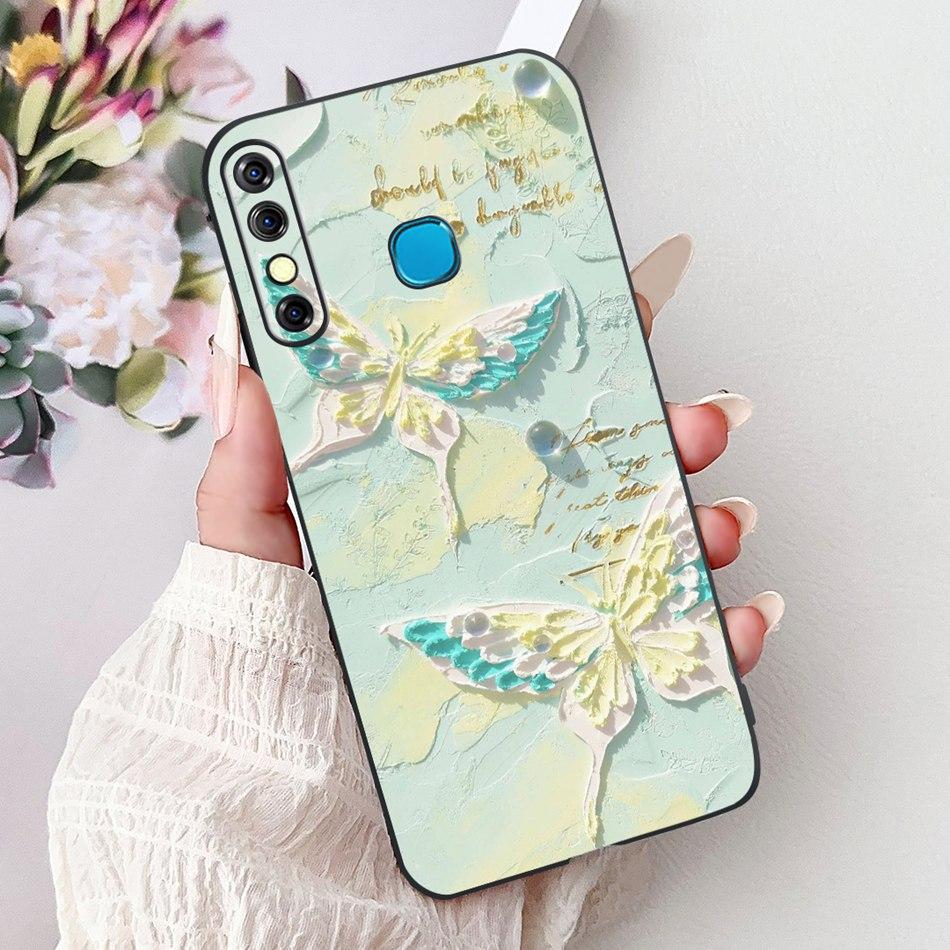 For Infinix Hot 8 Phone Case Hot 8 Lite Hot8 X650 X650C X650B X650D Elegant Floral Cat Pattern Black Silicone Soft TPU Cases