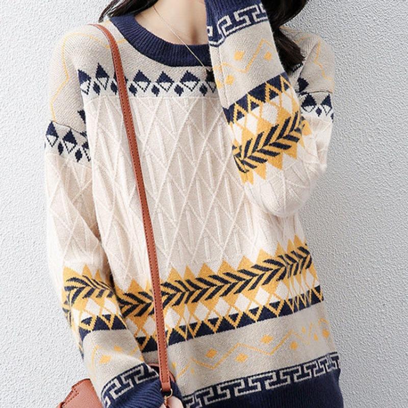 Осенне-зимний свитер женский корейский вариант ромбовидная сетка контрастный жаккардовый цвет круглый вырез длинный рукав повседневный трикотажный самарий женский интерьер
