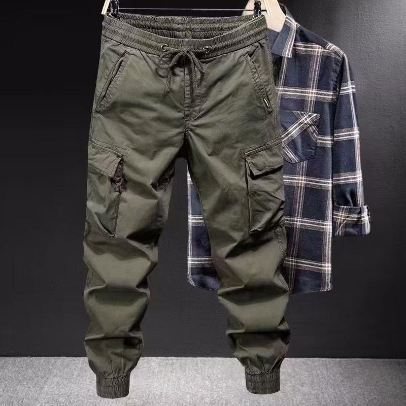 Men's Military Green Multi-Pocket Overalls with Elastic Cuffs - European & American Style Sweatpants